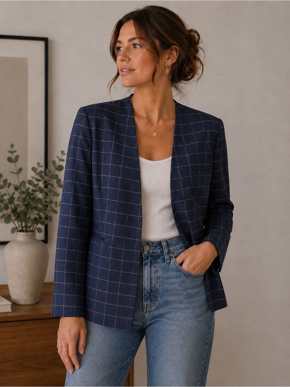 Vintage 80s 90s Mr. Jax Linen Blend Navy Windowpane Blazer Size 6 Minimalist